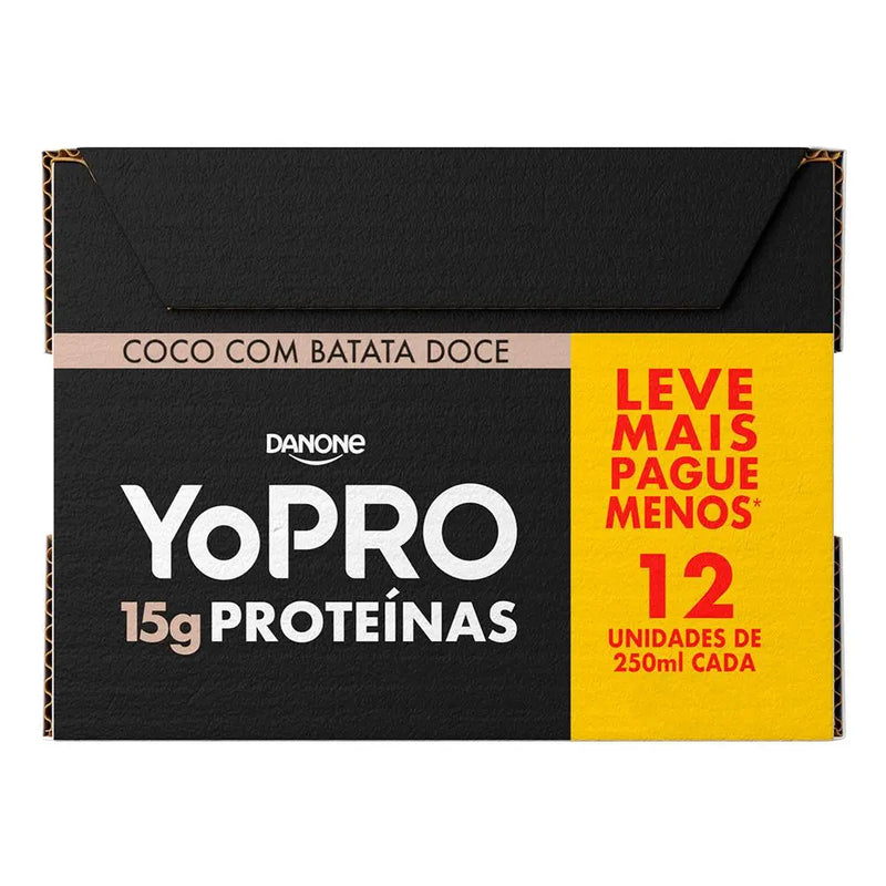 Caixa com 12 unidades YoPRO Bebida Láctea UHT Coco com Batata-Doce 15g de proteínas 250ml